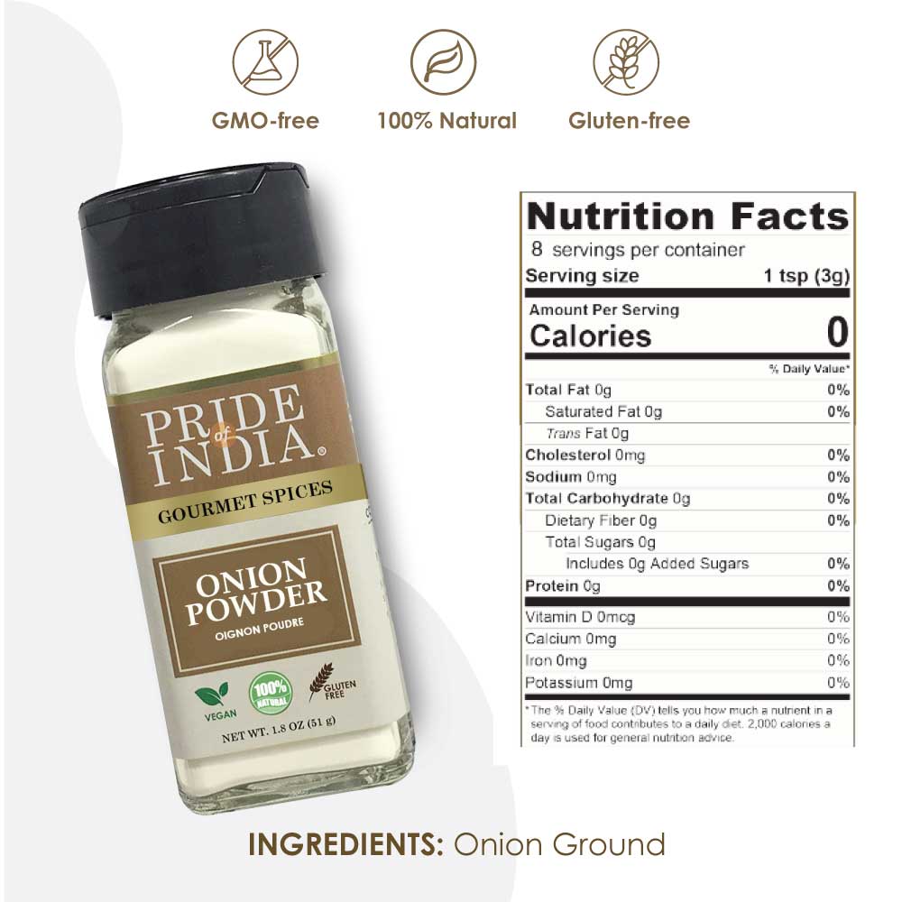 A jar of Pride of India Gourmet Onion Fine Ground with a dual sifter cap, showcasing its fine texture and rich aroma.