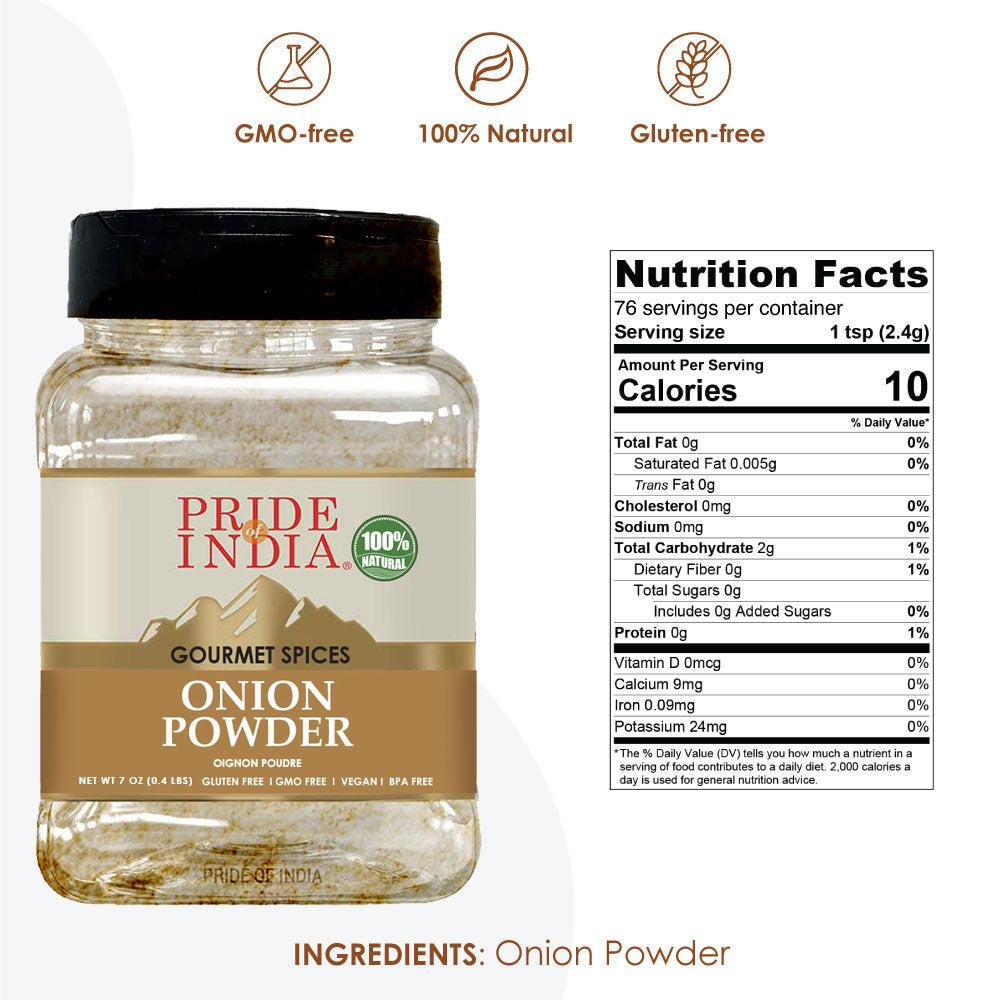 A jar of Pride of India Gourmet Onion Fine Ground with a dual sifter cap, showcasing its fine texture and rich aroma.