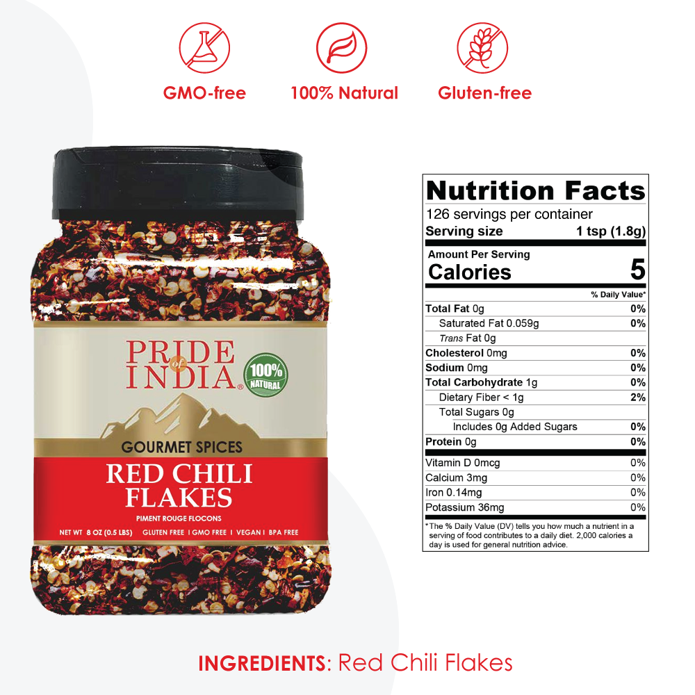 A jar of Gourmet Red Chili Flakes Hot, showcasing vibrant red flakes made from pure, sustainably sourced chili peppers, ideal for enhancing dishes.