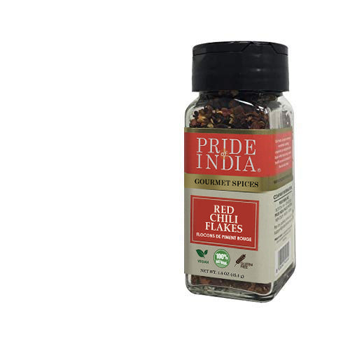 A jar of Pride Of India Gourmet Red Chili Flakes Hot, showcasing vibrant red crushed chili peppers, ideal for adding spice to dishes.