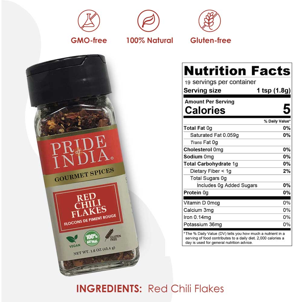 A jar of Pride Of India Gourmet Red Chili Flakes Hot, showcasing vibrant red crushed chili peppers, ideal for adding spice to dishes.