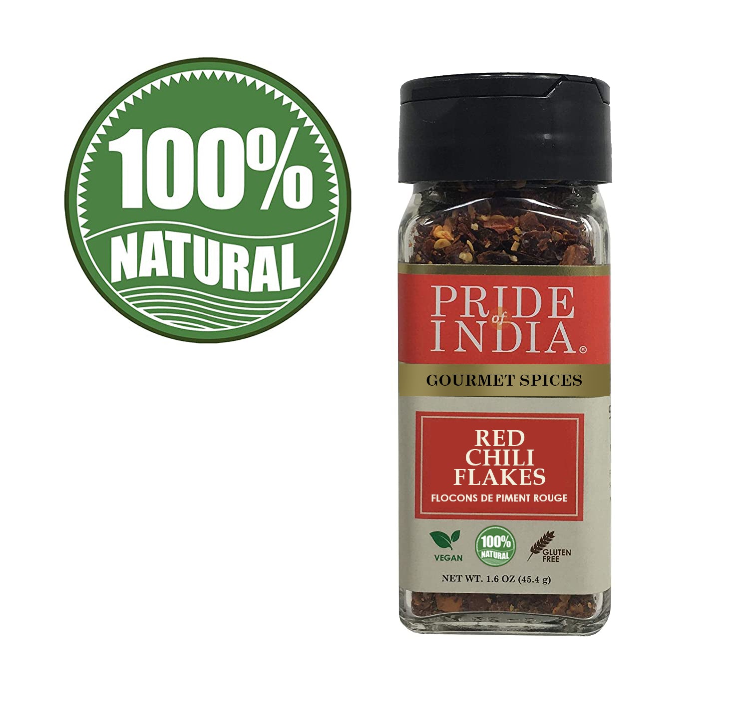 A jar of Pride Of India Gourmet Red Chili Flakes Hot, showcasing vibrant red crushed chili peppers, ideal for adding spice to dishes.