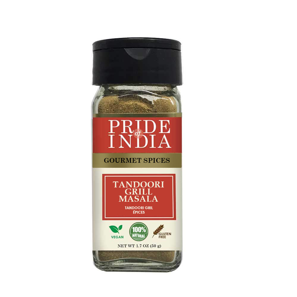 A jar of Gourmet Tandoori Grill Masala showcasing a vibrant blend of spices, perfect for grilling meats and vegetables.