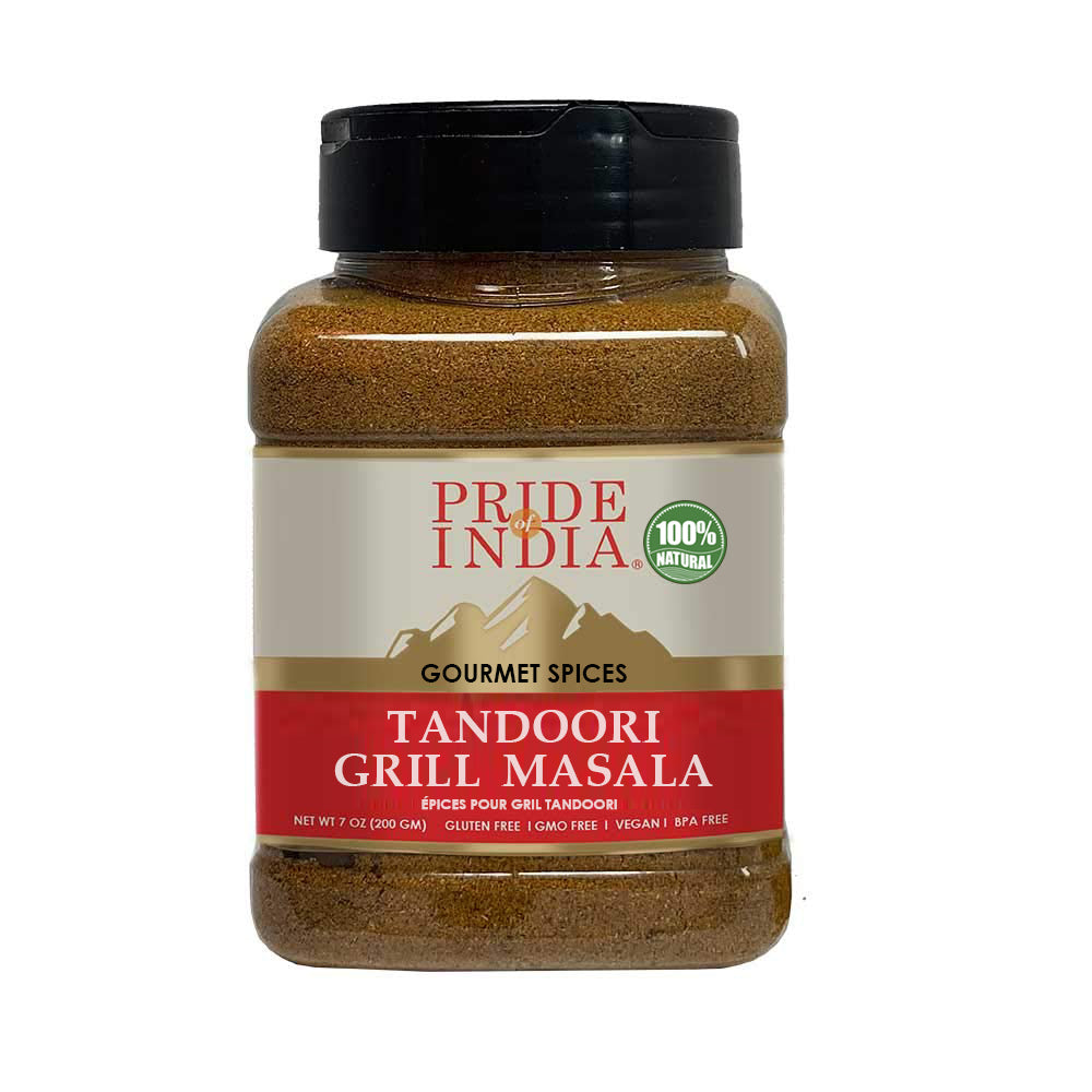 A jar of Gourmet Tandoori Grill Masala showcasing a vibrant blend of spices, perfect for grilling meats and vegetables.