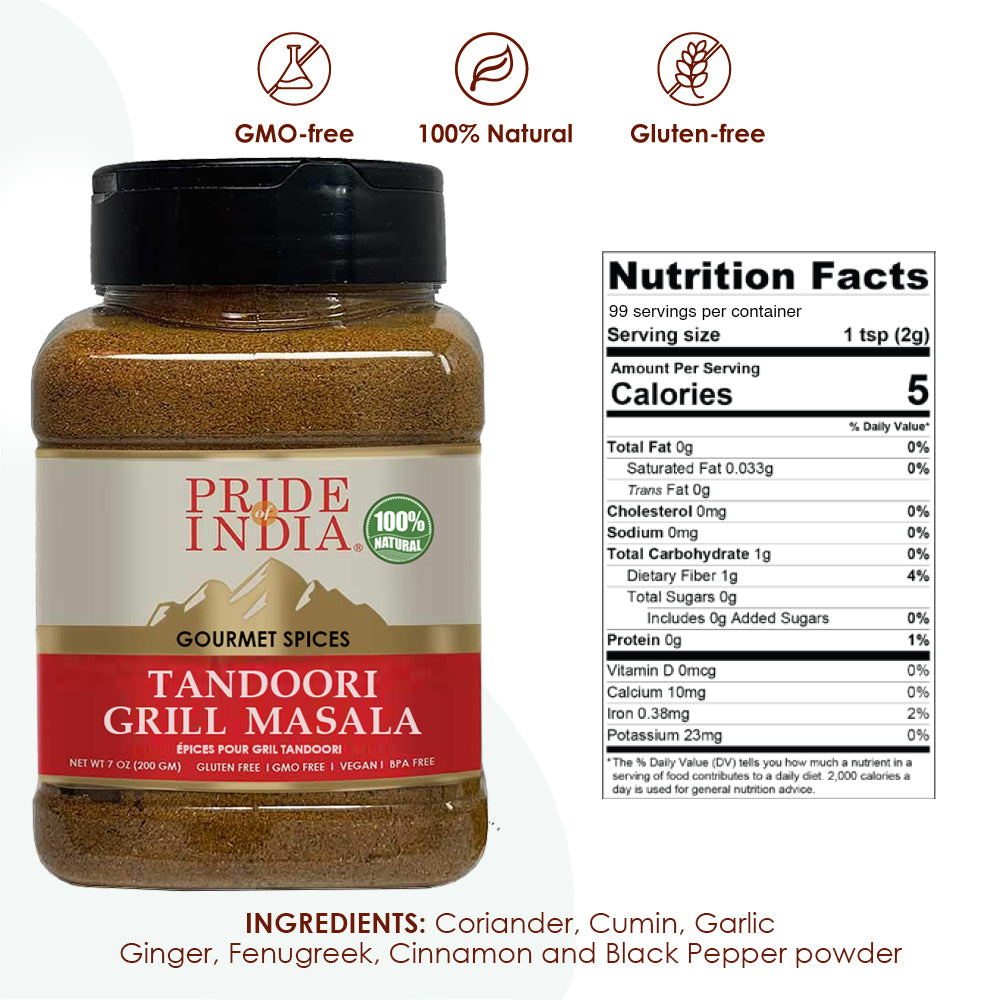 A jar of Gourmet Tandoori Grill Masala showcasing a vibrant blend of spices, perfect for grilling meats and vegetables.