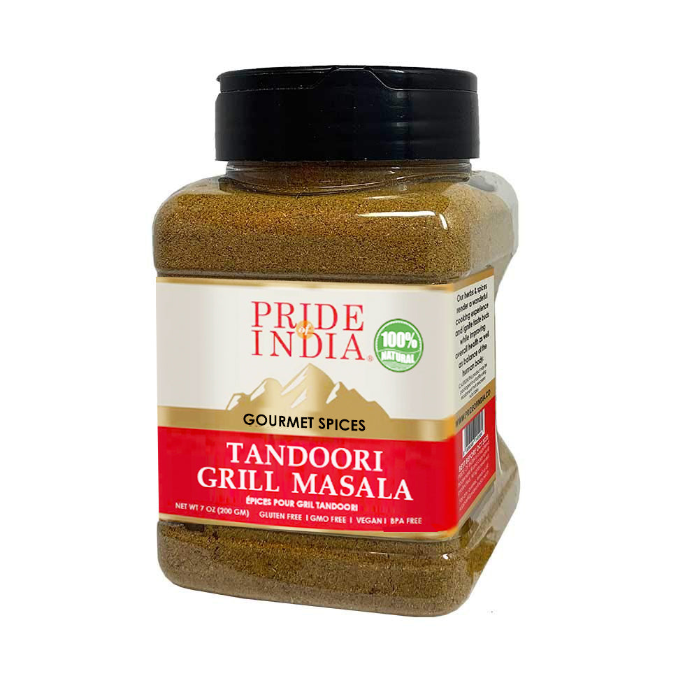 A jar of Gourmet Tandoori Grill Masala showcasing a vibrant blend of spices, perfect for grilling meats and vegetables.