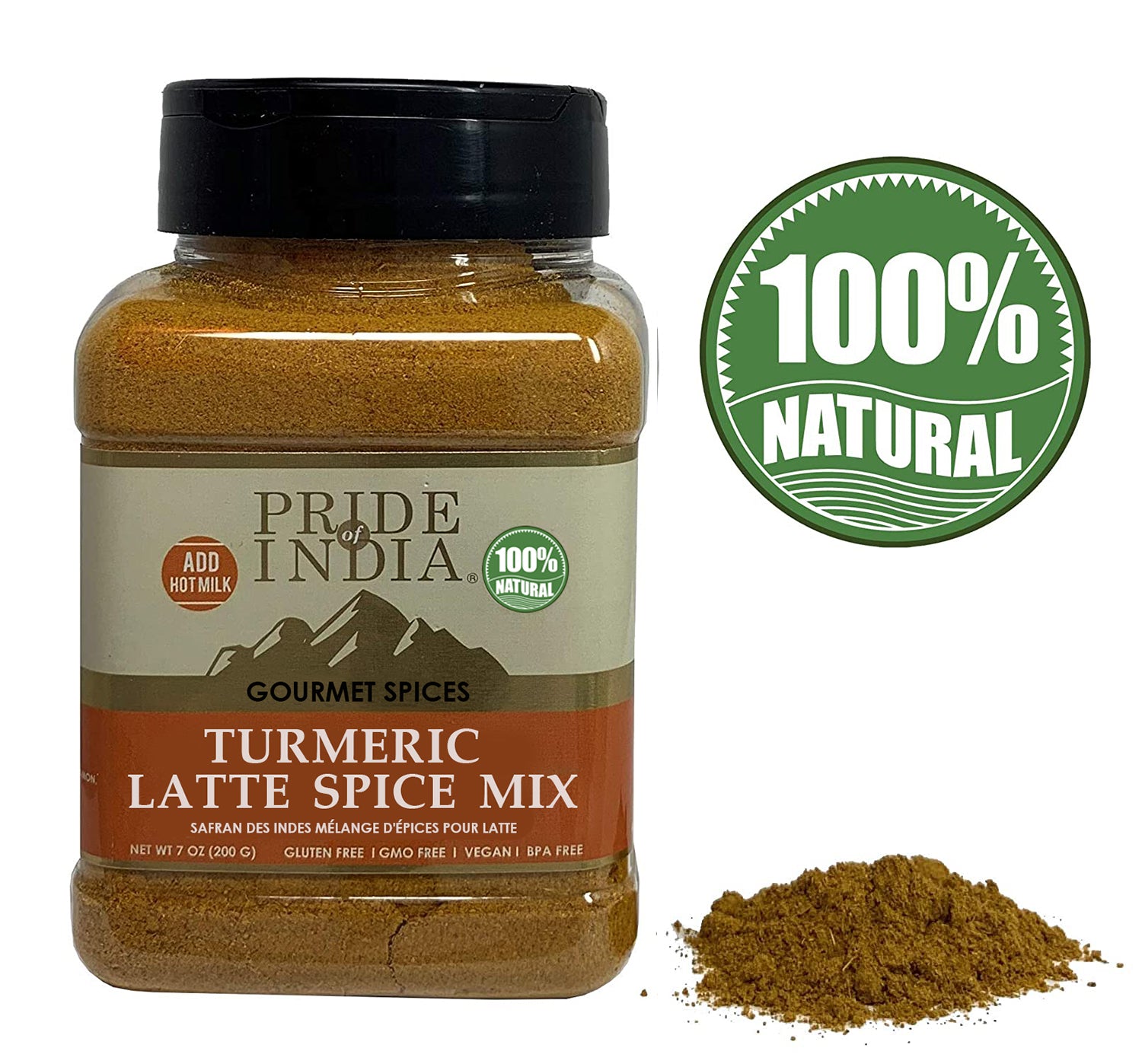 A vibrant jar of Gourmet Turmeric Latte Tea Spice Mix showcasing the blend of spices including turmeric, cinnamon, and ginger.