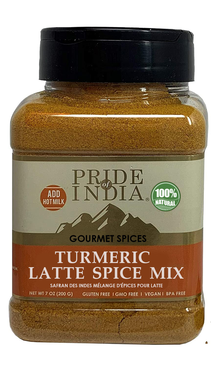 A vibrant jar of Gourmet Turmeric Latte Tea Spice Mix showcasing the blend of spices including turmeric, cinnamon, and ginger.