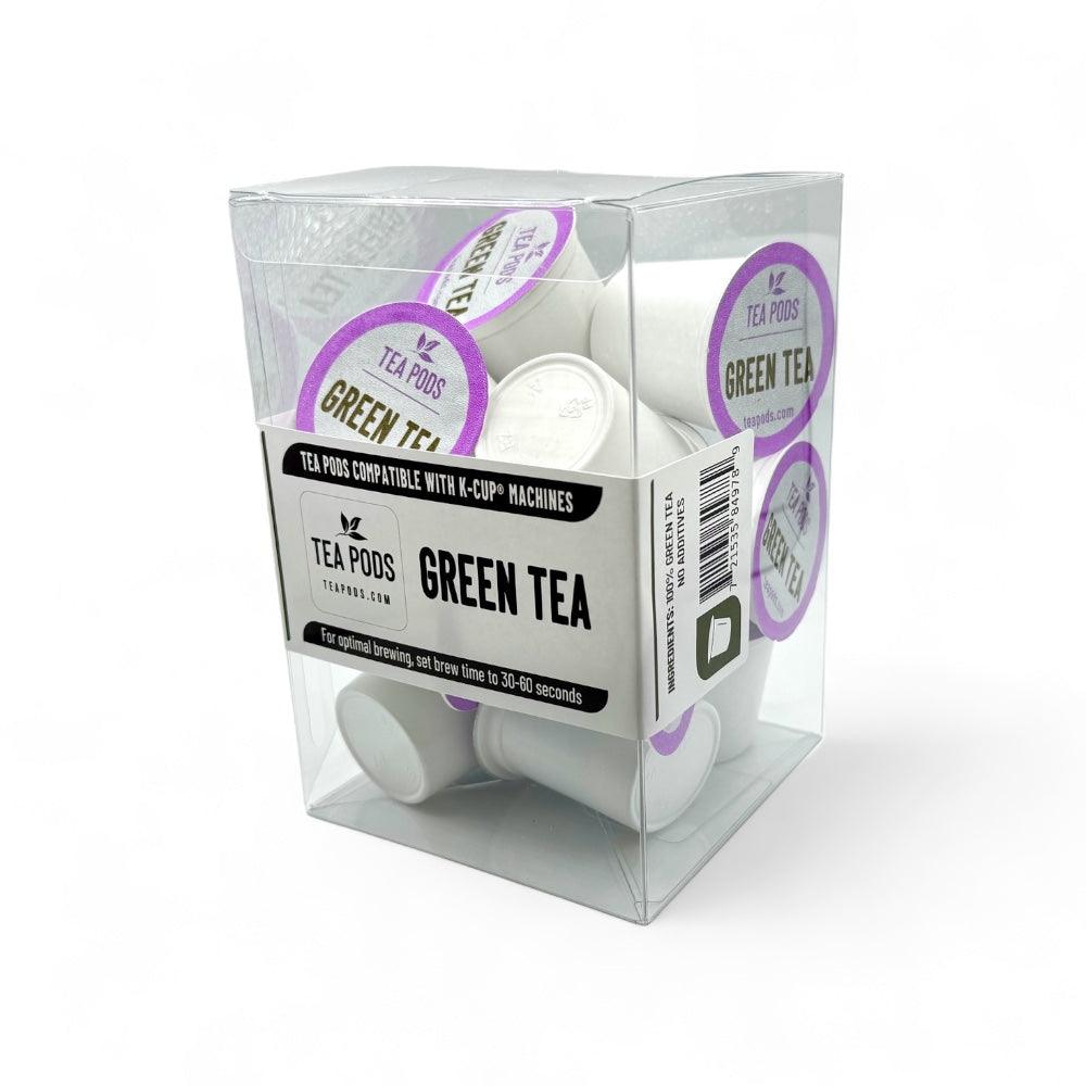 A pack of 12 Green tea capsules compatible with K-Cup machines, showcasing the product's eco-friendly packaging and pure green tea ingredients.