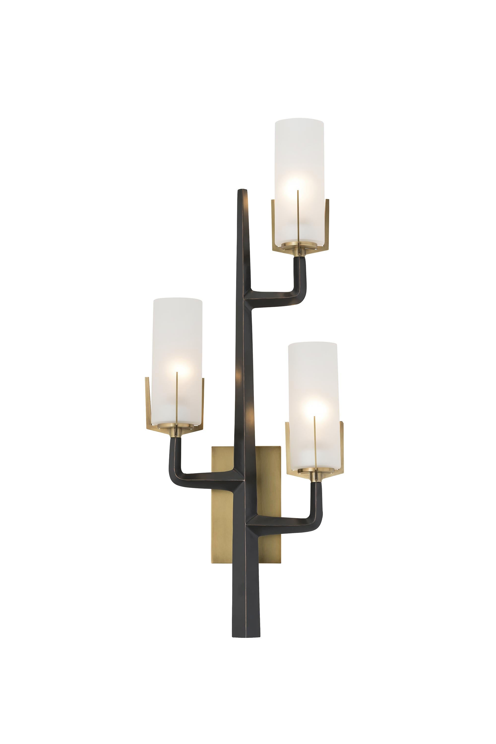 Griffin Sconce featuring frosted glass shades and a bronze finish with antique brass details, ideal for modern decor.