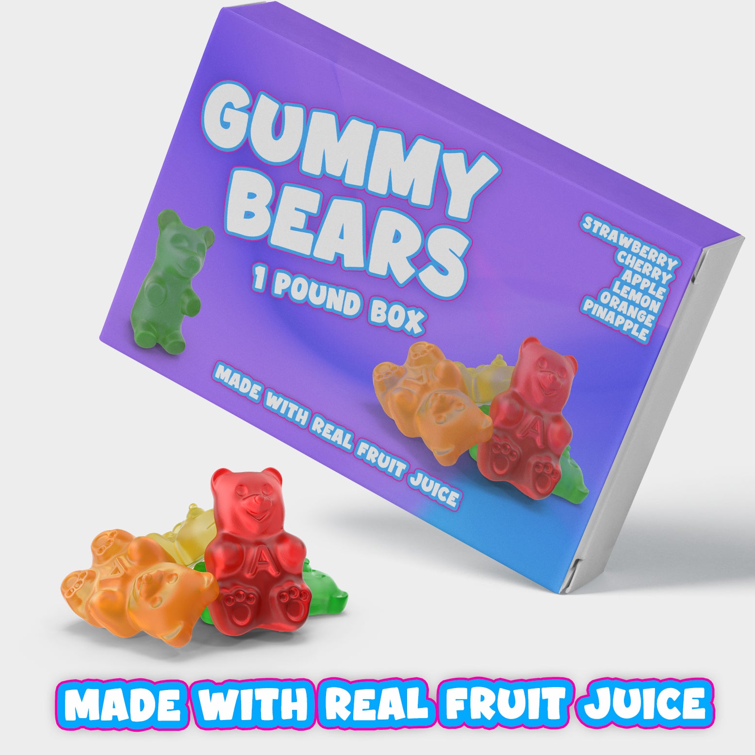 A colorful assortment of gummy bears in a decorative gift box, showcasing various fruity flavors and a generous 1-pound quantity.