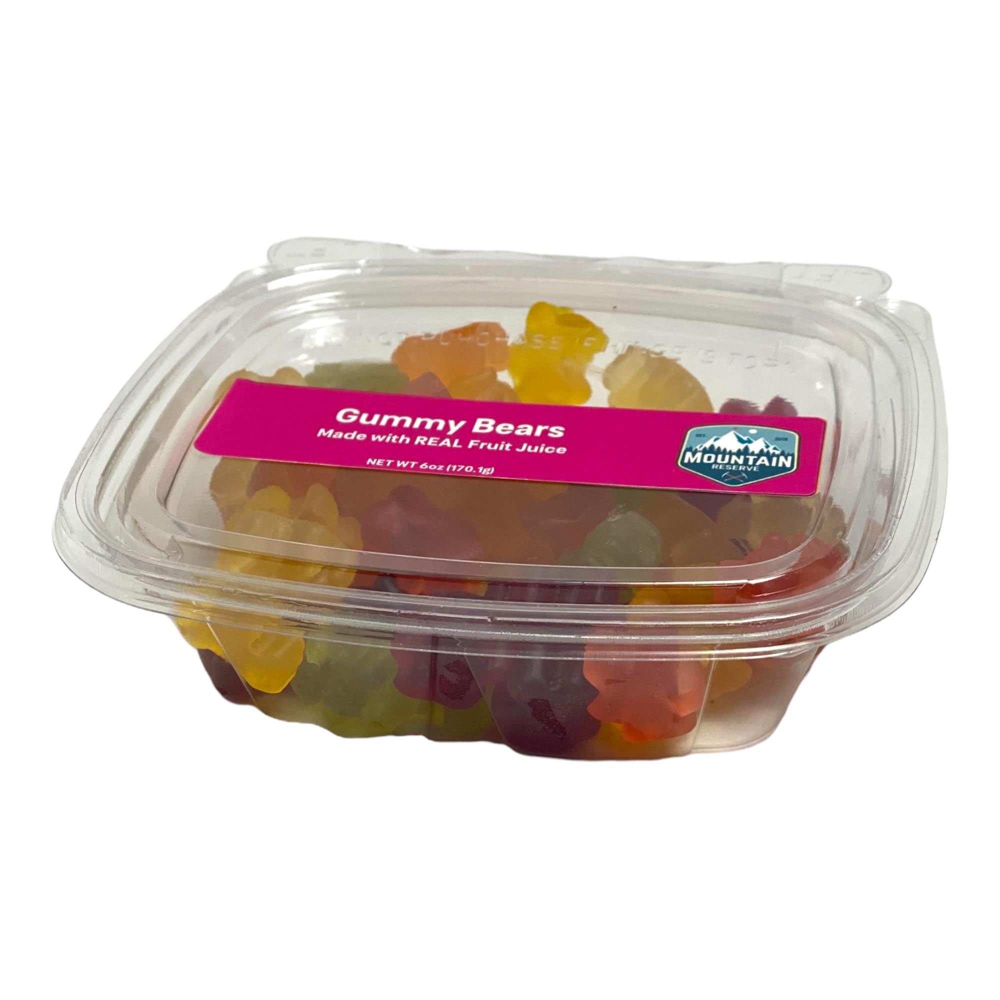 A colorful assortment of gummy bears in a 5oz container, showcasing various fruity flavors.