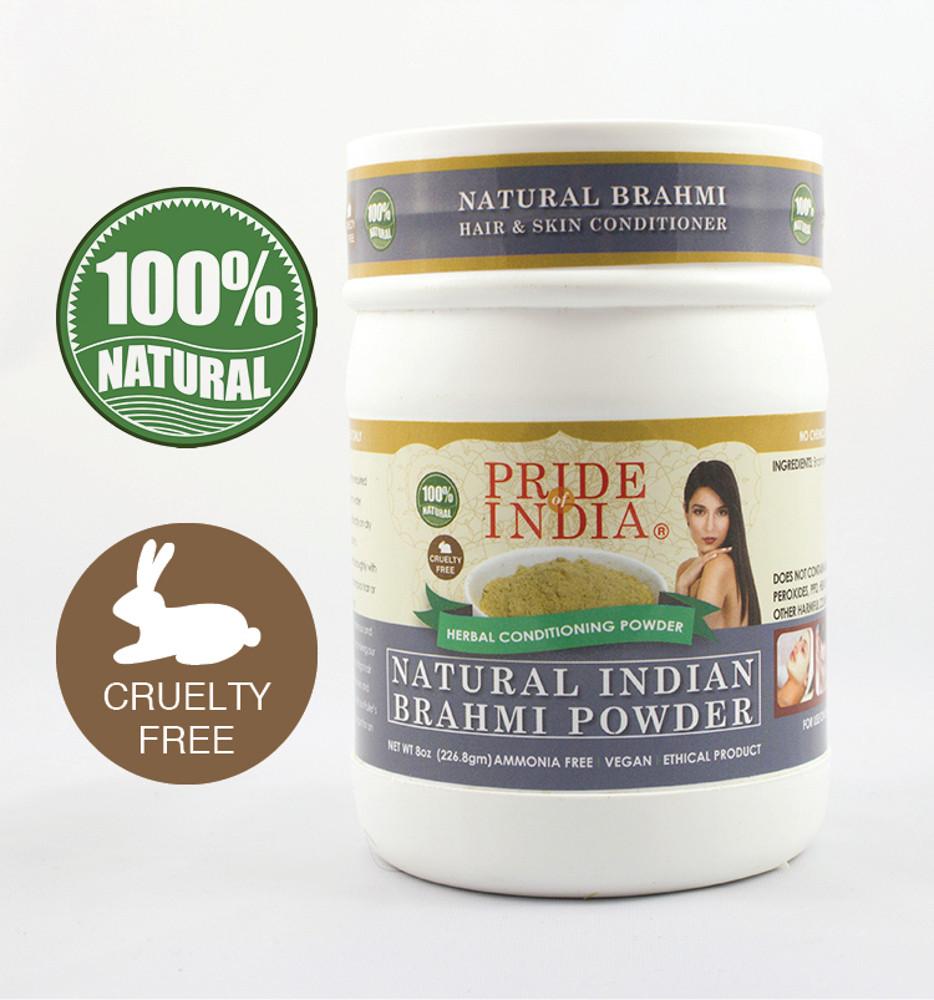 Hair Bliss Natural Brahmi Bacopa Herbal Hair & Skin Conditioning powder in a jar, showcasing its rich, green color and natural texture.