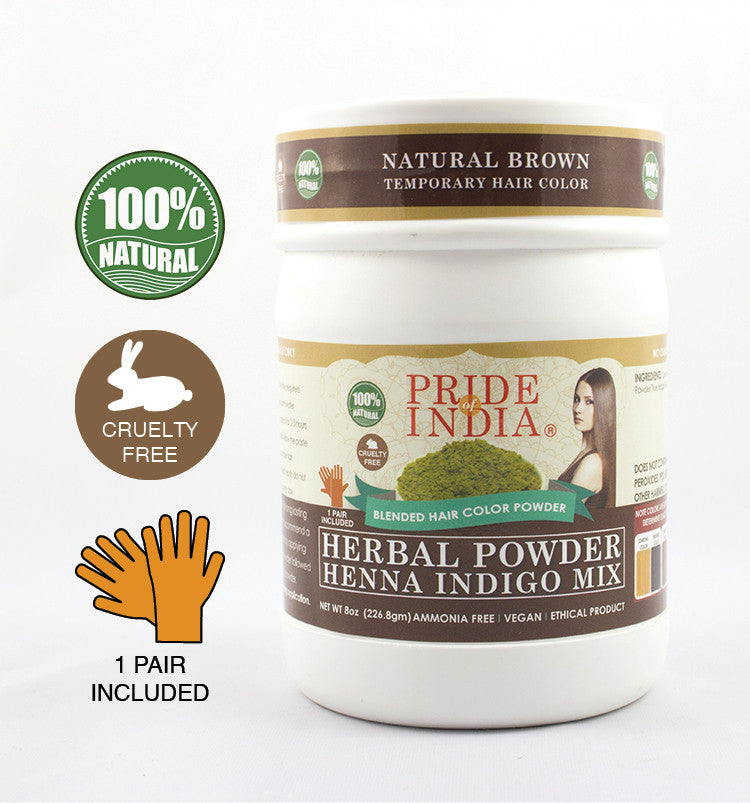 Hair Bloom Natural Brunette Hair Color powder in a jar with gloves, showcasing its herbal ingredients and natural brown color.