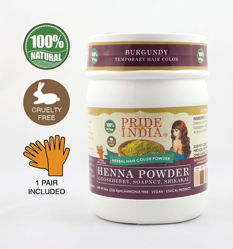 Hair Bloom Natural Burgundy Hair Color jar with herbal henna powder and disposable gloves included, showcasing its natural ingredients.