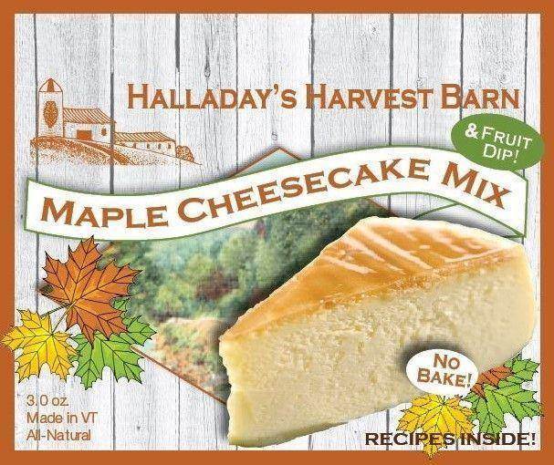 Halladays Maple Cheesecake No Bake Mix package featuring a rustic design with maple leaves and a cheesecake image.