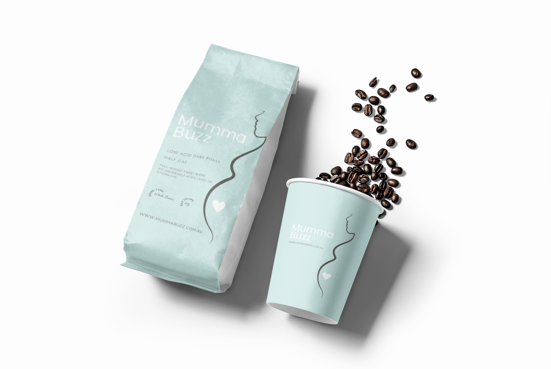 A bag of Mumma Buzz Half Caf Low-Acid Coffee featuring a creamy blend of 100% Arabica beans, perfect for sensitive stomachs.