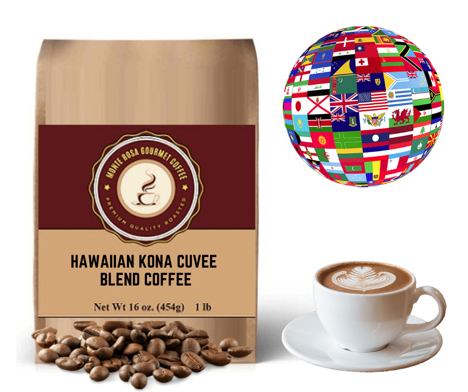 A bag of Hawaiian Kona Cuvee Blend coffee showcasing its premium quality and rich aroma, perfect for coffee enthusiasts.