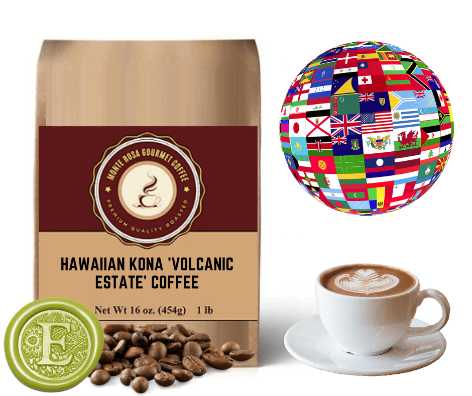 A bag of Hawaiian Kona 'Volcanic Estate' Coffee showcasing its rich volcanic origin and premium quality.