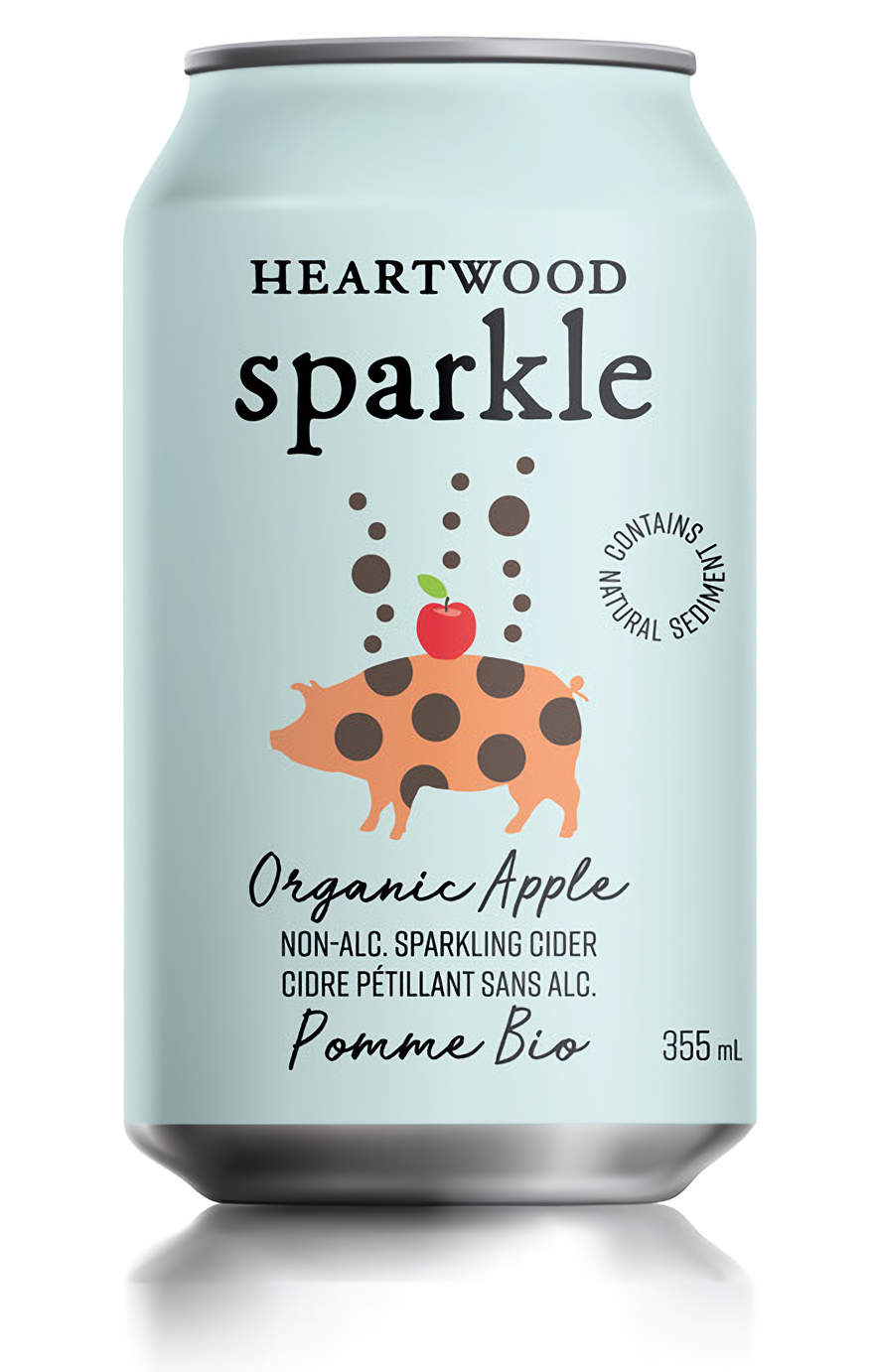 A can of Heartwood Sparkle: Organic Apple cider, showcasing its vibrant design and fresh apple imagery.