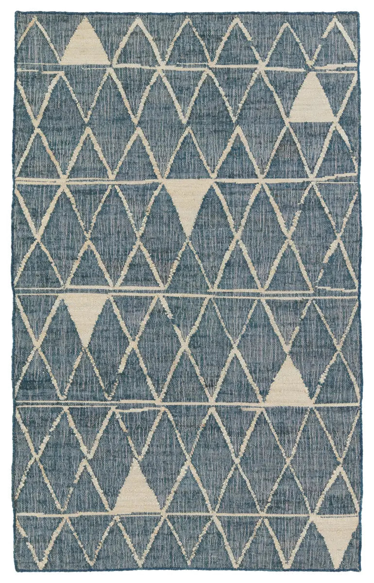 Helina rug featuring a navy and beige trellis pattern, handcrafted from jute and cotton, ideal for modern coastal decor.