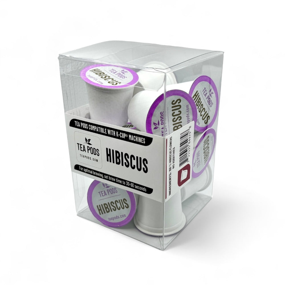 A pack of 12 Hibiscus tea capsules, K-Cup compatible, showcasing vibrant red herbal pods.