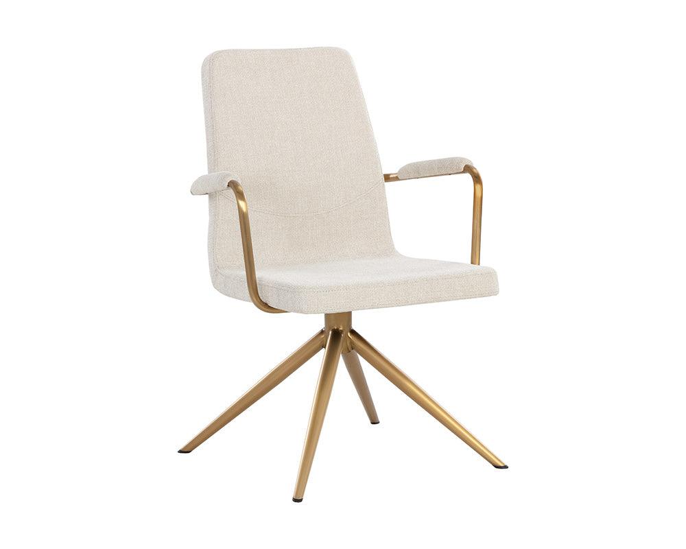 Hilda Swivel Dining Armchair in Chacha Cream with stainless steel base and gold finish, showcasing its elegant design and comfortable seating.