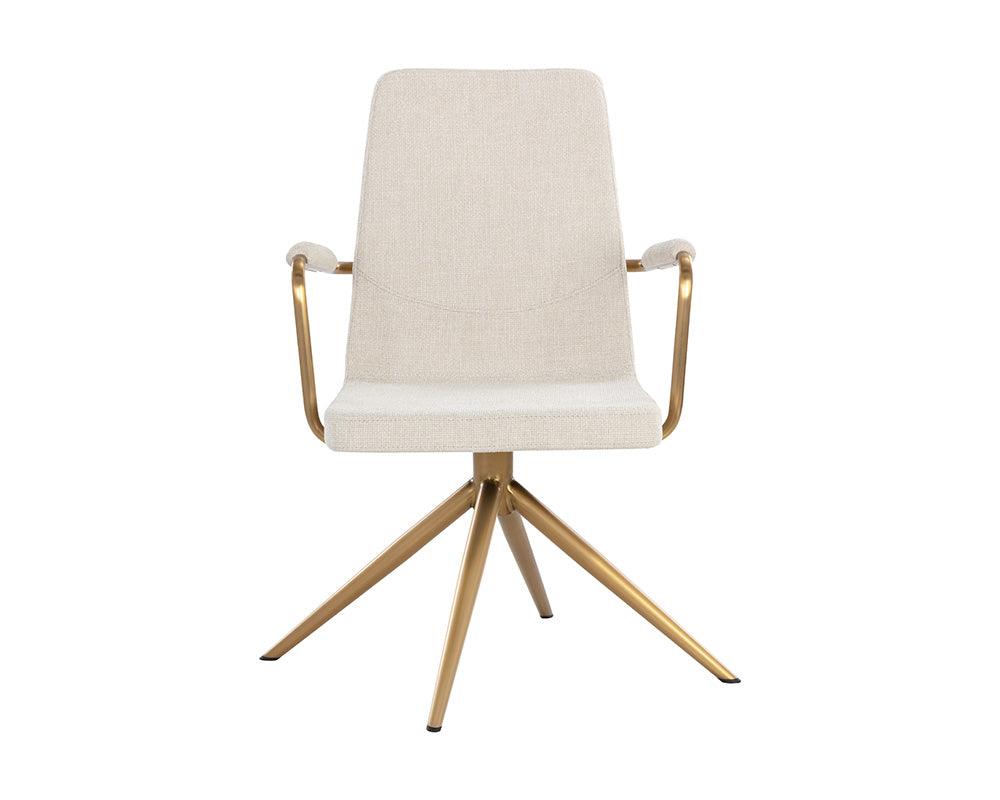 Hilda Swivel Dining Armchair in Chacha Cream with stainless steel base and gold finish, showcasing its elegant design and comfortable seating.