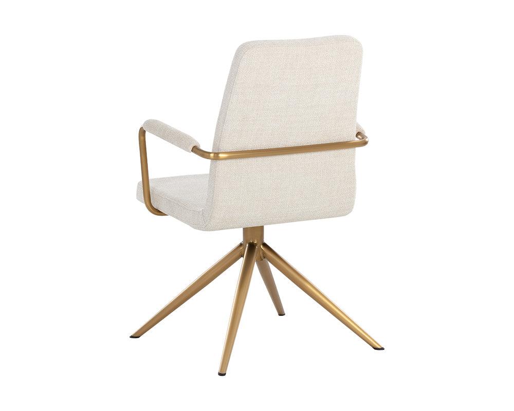 Hilda Swivel Dining Armchair in Chacha Cream with stainless steel base and gold finish, showcasing its elegant design and comfortable seating.