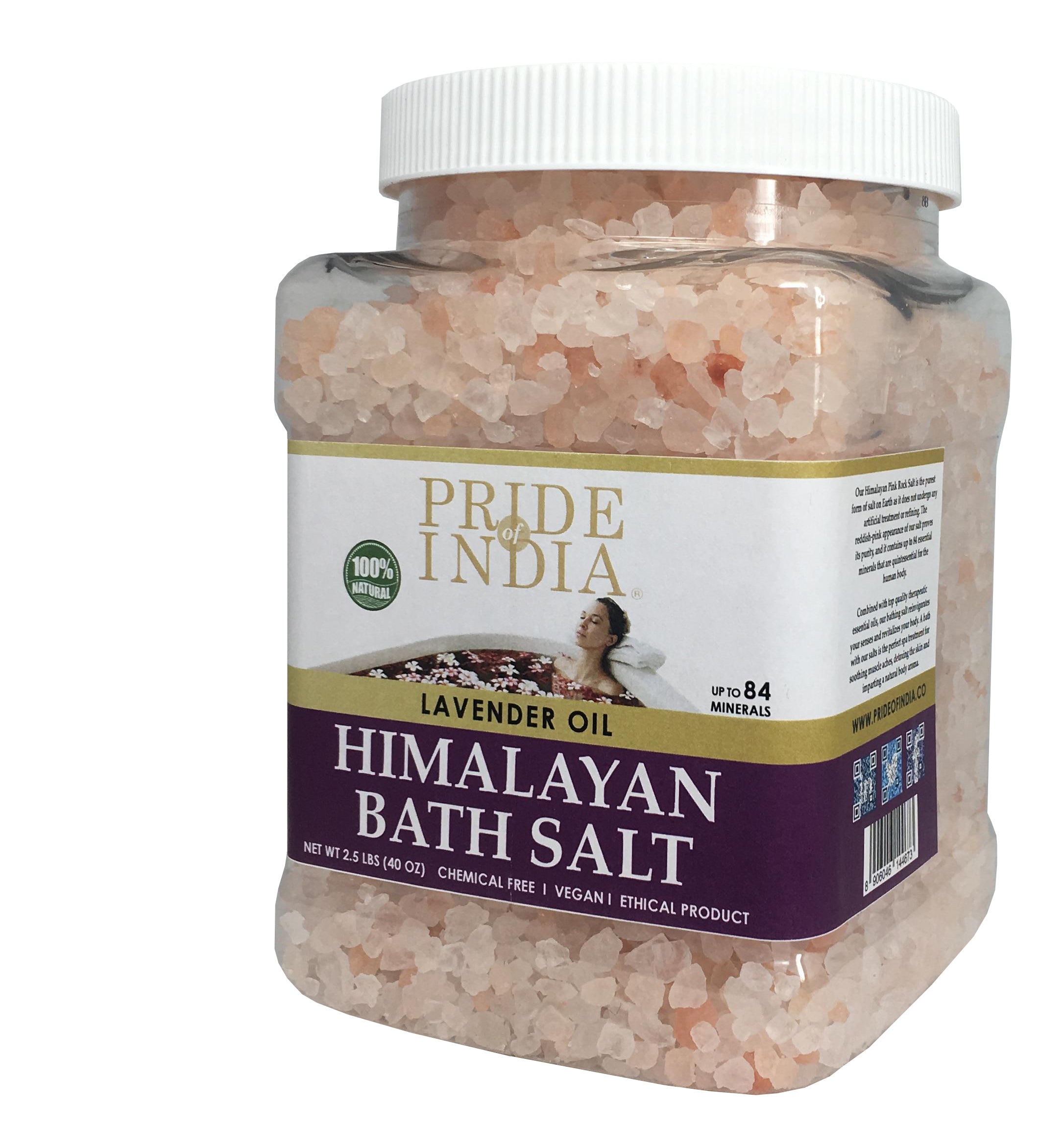 A jar of Himalayan Pink Bathing Salt enriched with Lavender Oil, showcasing its natural reddish-pink color and therapeutic properties.