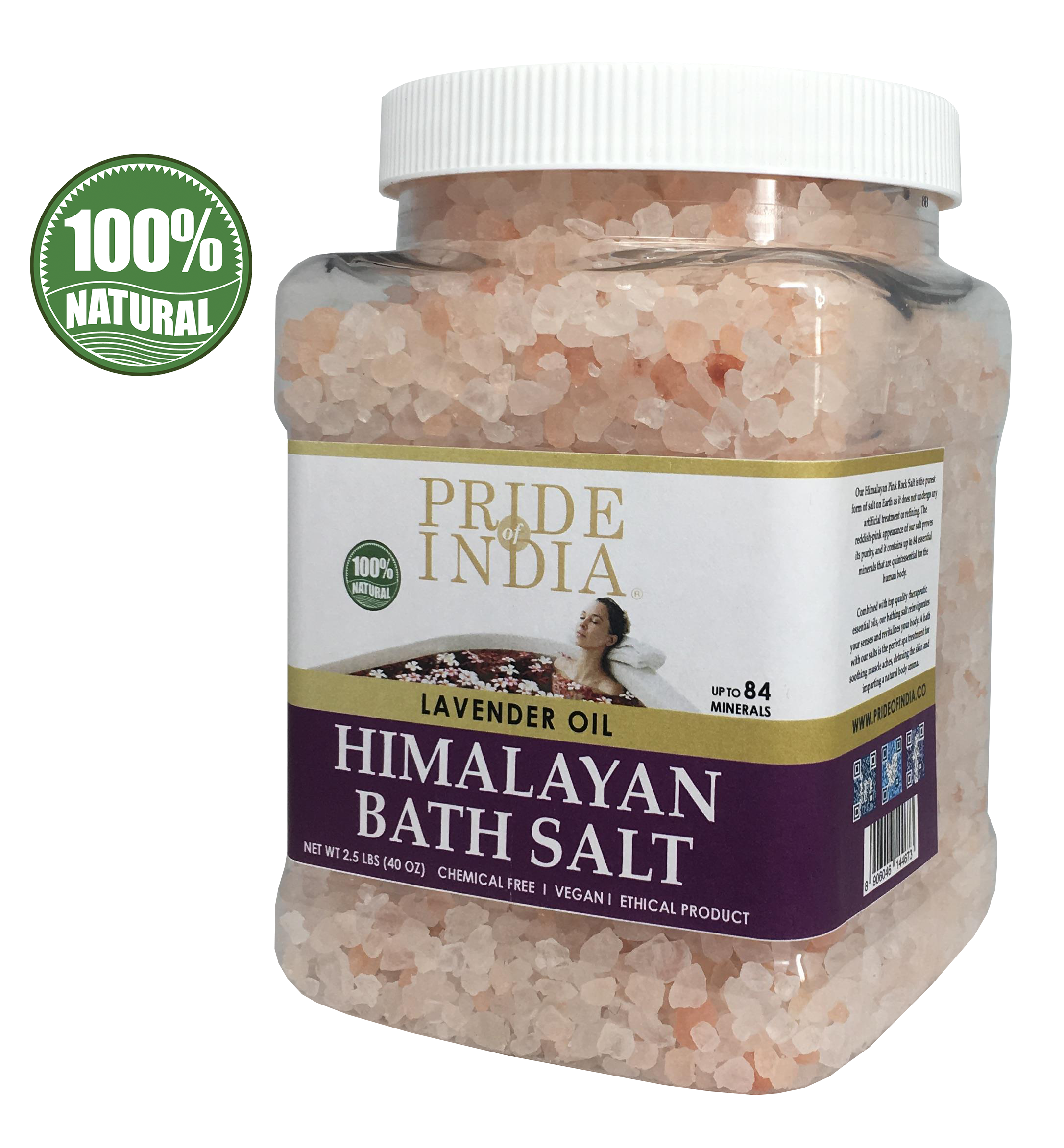 A jar of Himalayan Pink Bathing Salt enriched with Lavender Oil, showcasing its natural reddish-pink color and therapeutic properties.