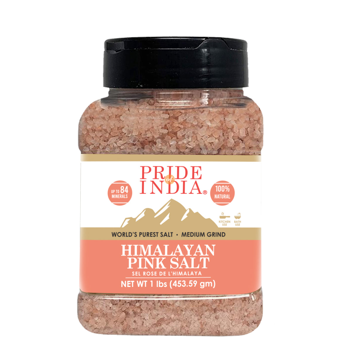 A bowl of Himalayan Pink Rock Salt - Medium Grind showcasing its coarse texture and reddish-pink color, ideal for cooking and therapeutic uses.