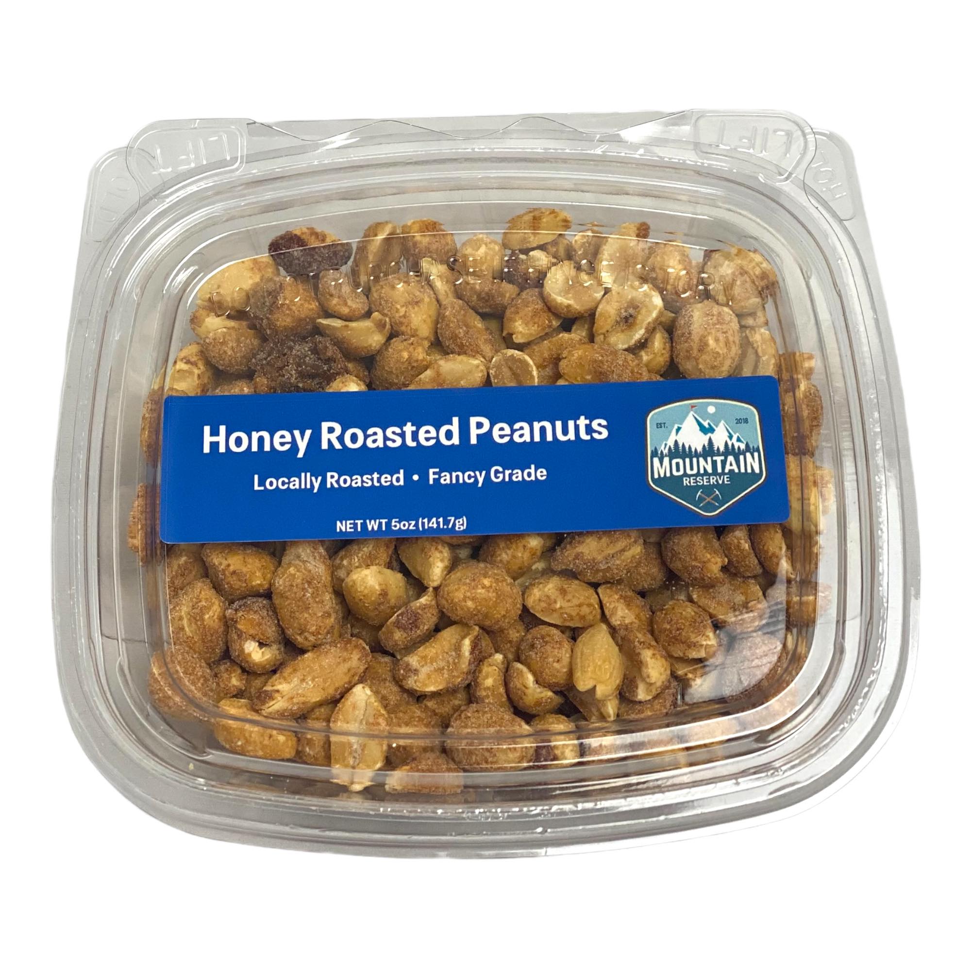 A 5oz container of honey roasted peanuts, showcasing their golden-brown color and crunchy texture.