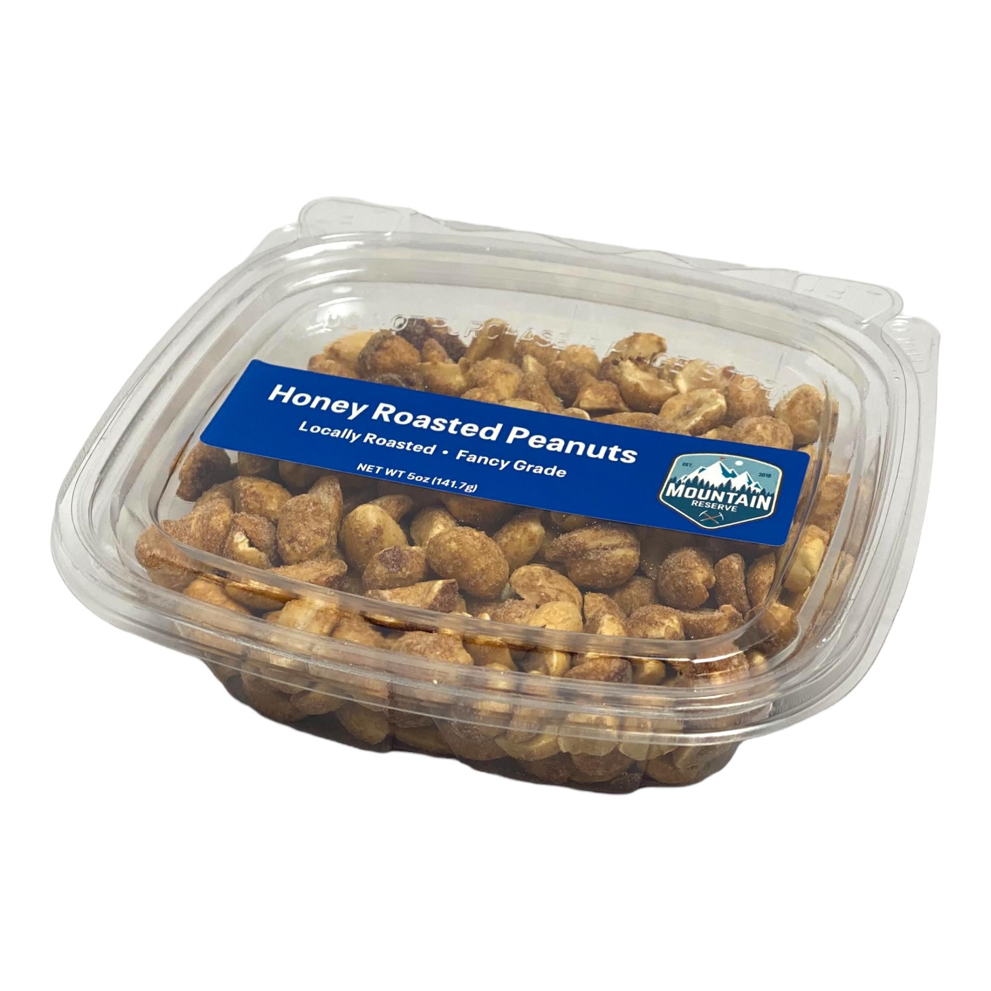 A 5oz container of honey roasted peanuts, showcasing their golden-brown color and crunchy texture.