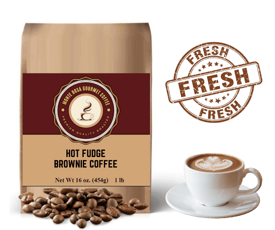 A steaming cup of Hot Fudge Brownie flavored coffee with chocolate and nuts, showcasing its rich aroma and inviting appearance.