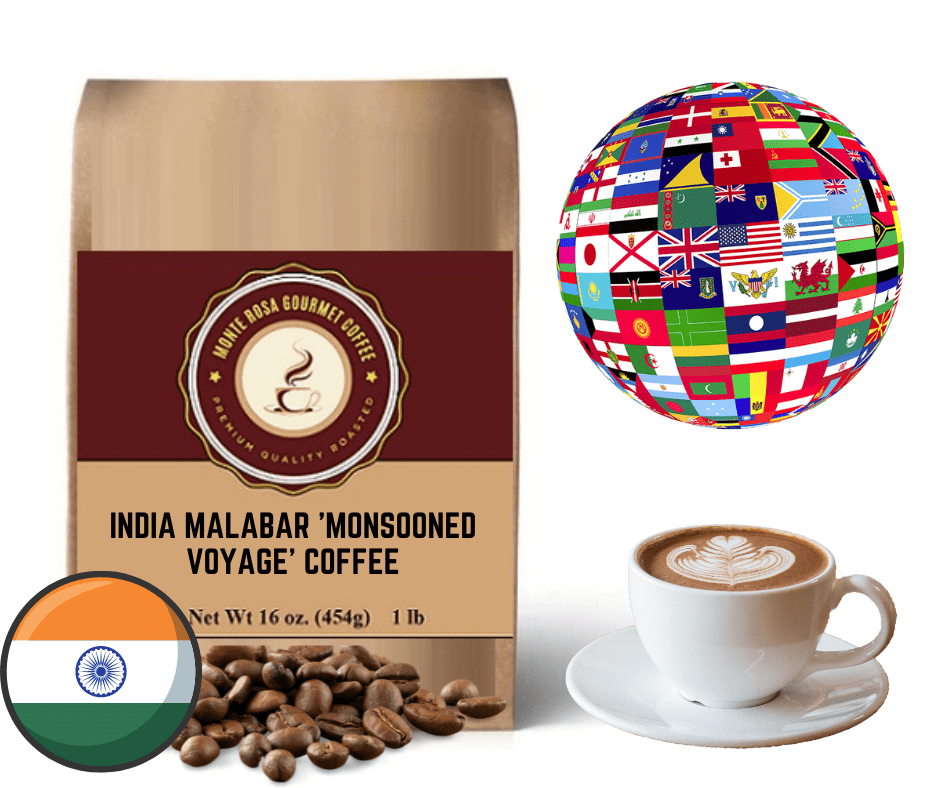 A bag of India Malabar 'Monsooned Voyage' Coffee showcasing its rich aroma and unique flavor profile, perfect for coffee enthusiasts.