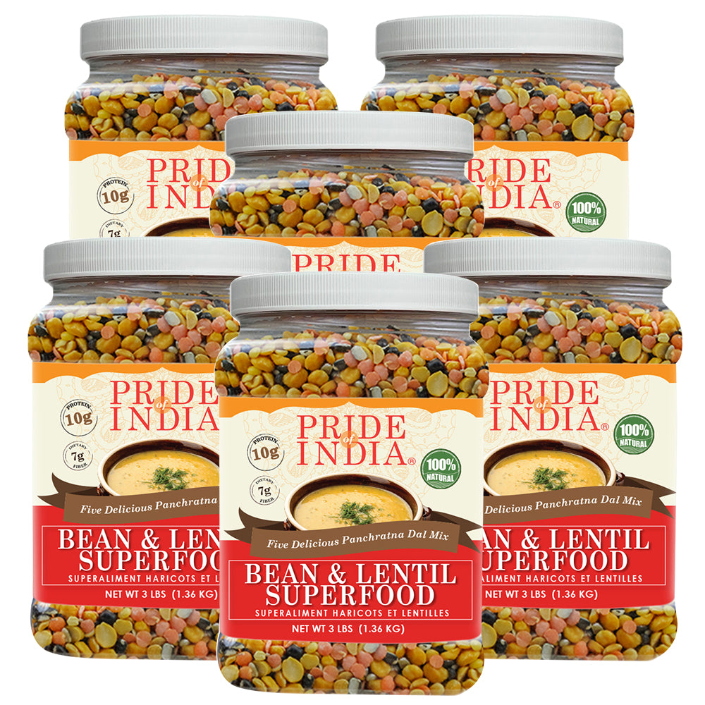 A bowl of Indian Panchratna Dal mixed with five types of lentils, showcasing its colorful and nutritious blend.