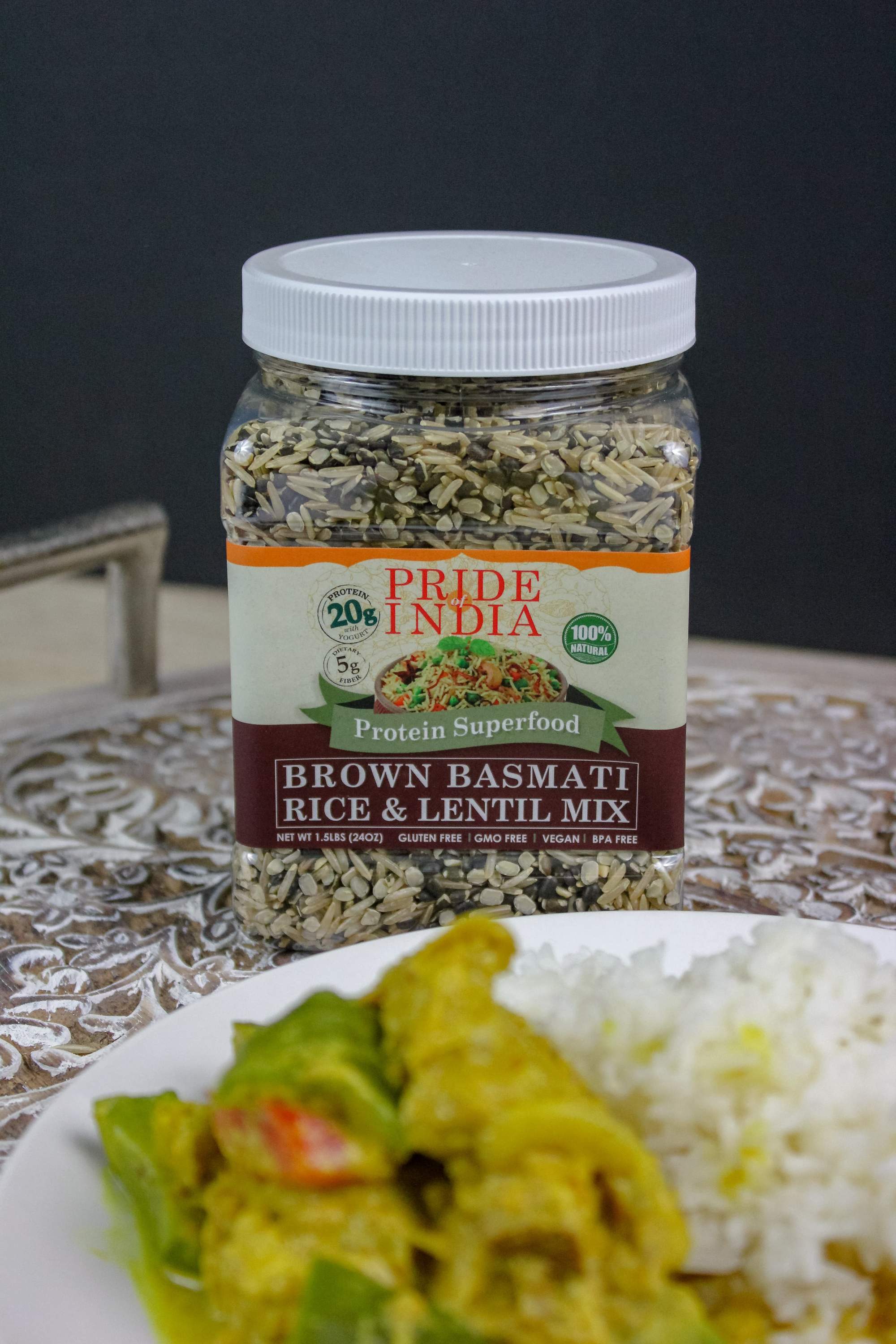 A bowl of Indian Brown Basmati Rice & Lentil Kitchari Mix, showcasing its rich texture and wholesome ingredients, perfect for a nutritious meal.