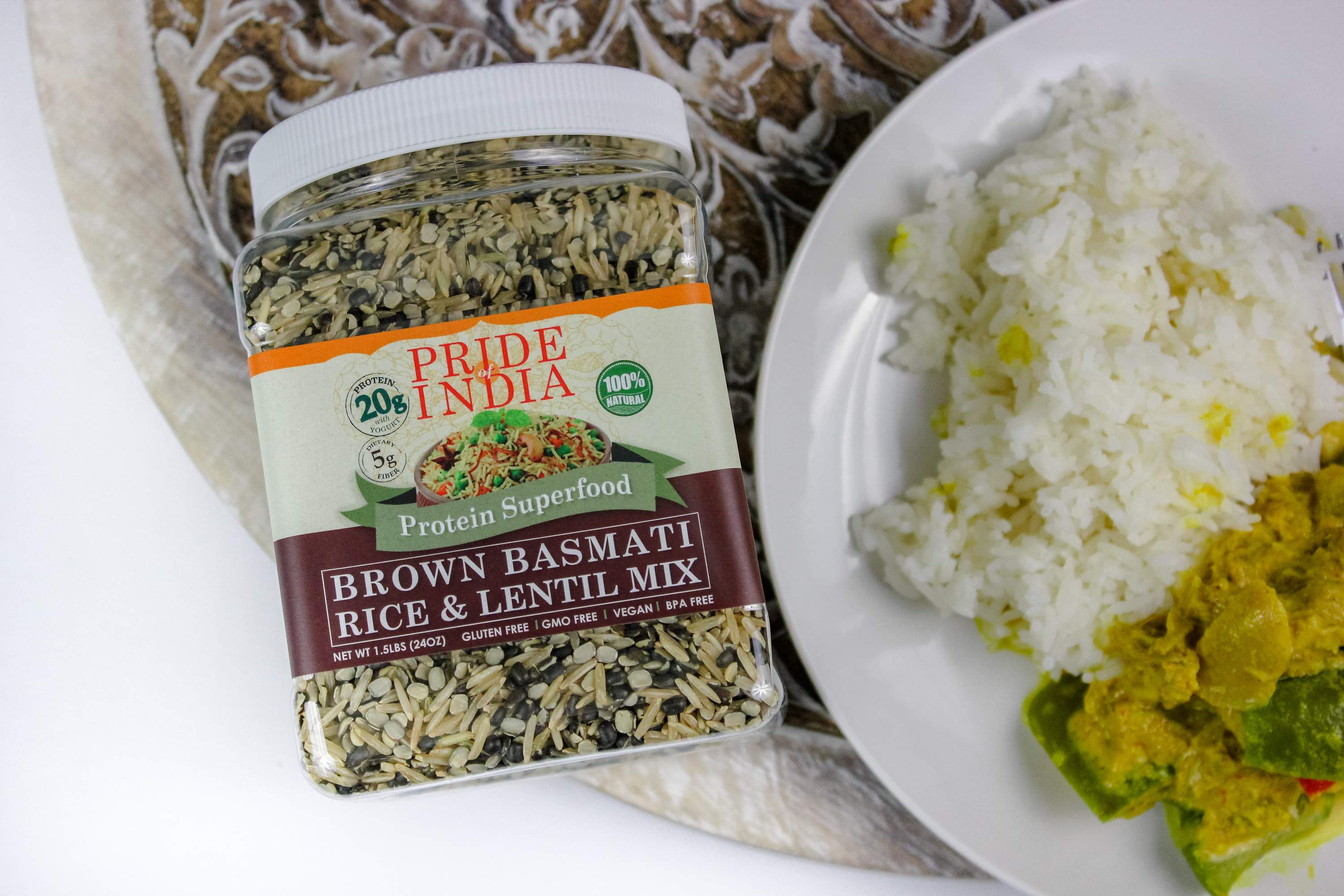 A bowl of Indian Brown Basmati Rice & Lentil Kitchari Mix, showcasing its rich texture and wholesome ingredients, perfect for a nutritious meal.