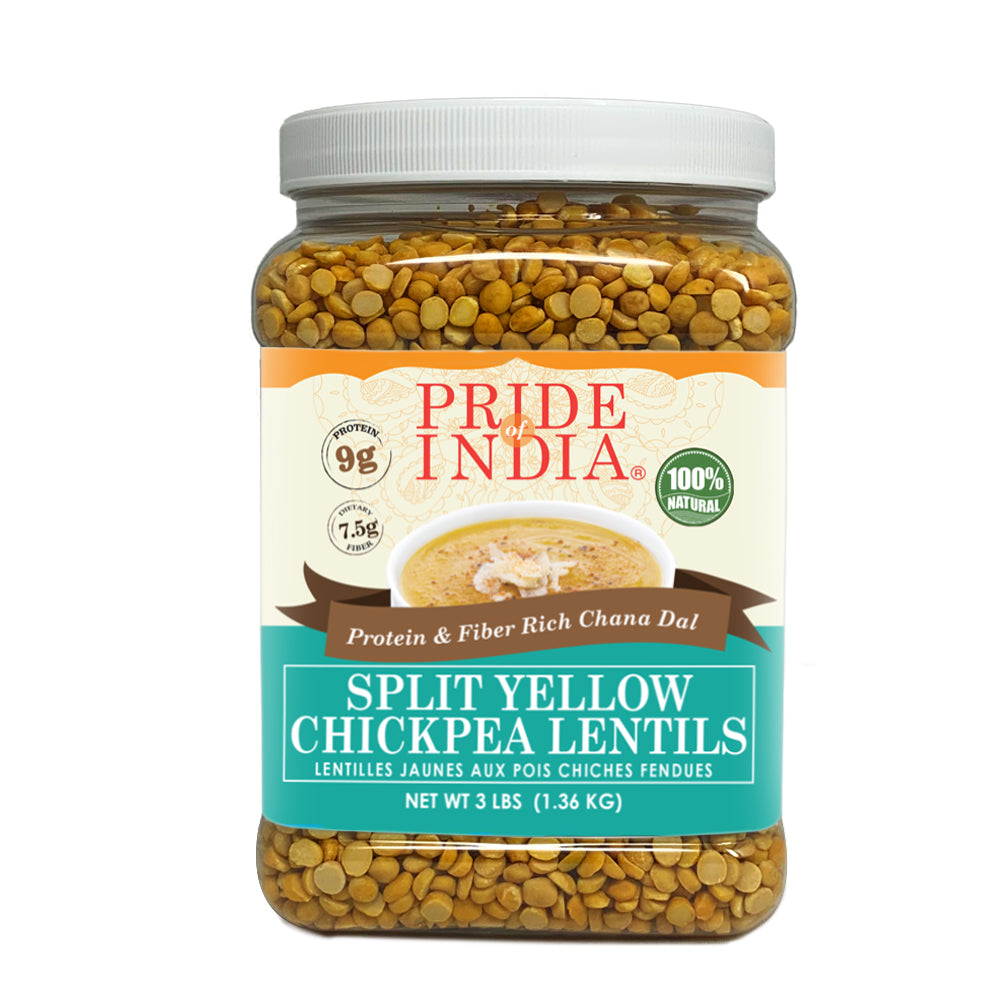 A jar of Indian Split Yellow Chickpea Lentils (Chana Dal) showcasing its natural color and texture, ideal for healthy cooking.