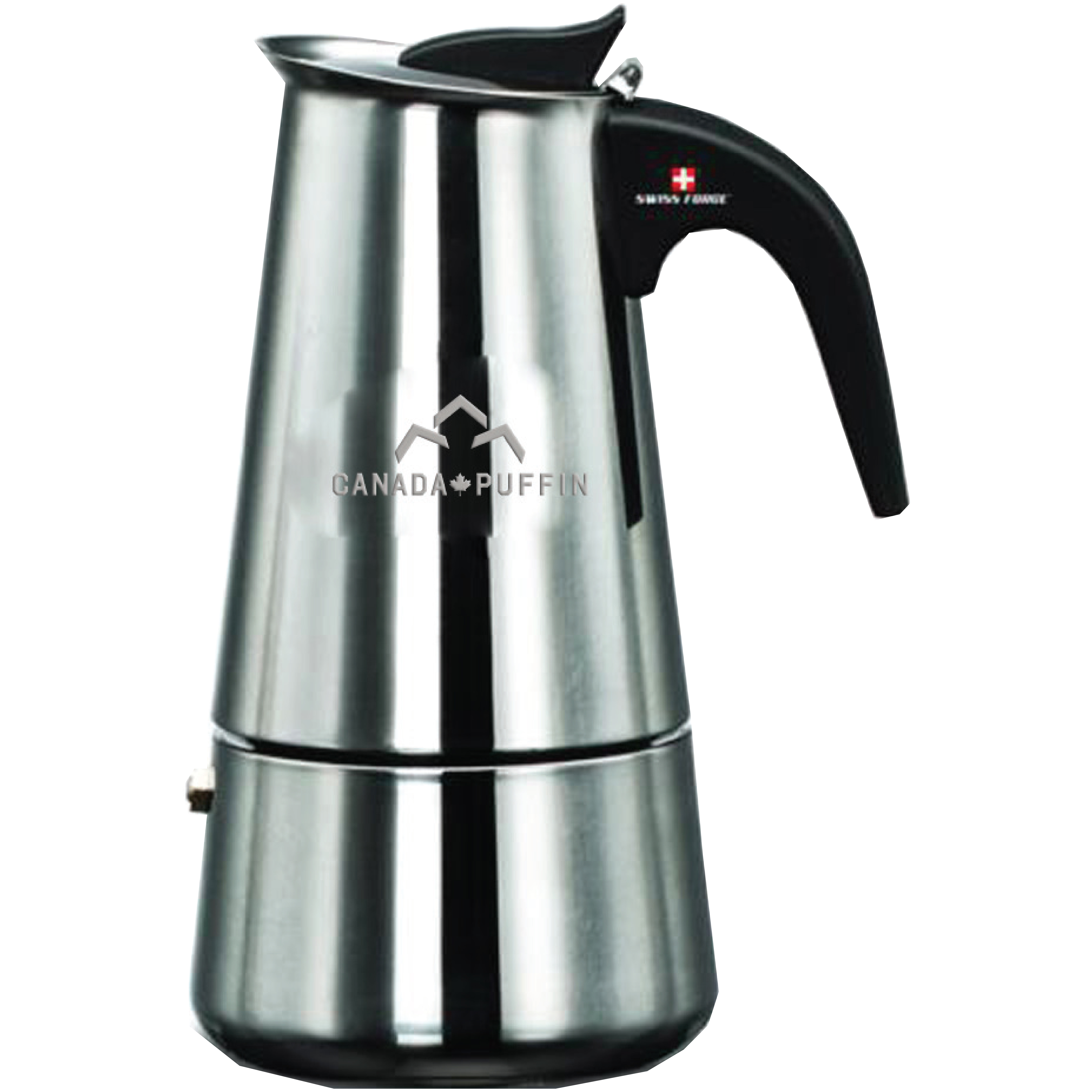 Infused Coffee and Butter Maker in polished stainless steel with a flip top lid and carry handle, elegantly packaged in a black satin lined gift box.