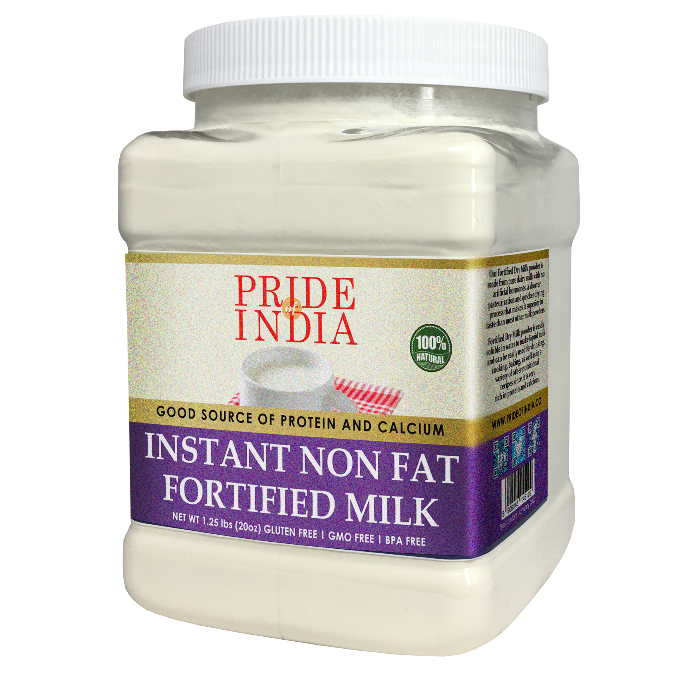 A jar of Instant Fortified Nonfat Dry Milk Powder enriched with Vitamin D, showcasing its packaging and powder texture.