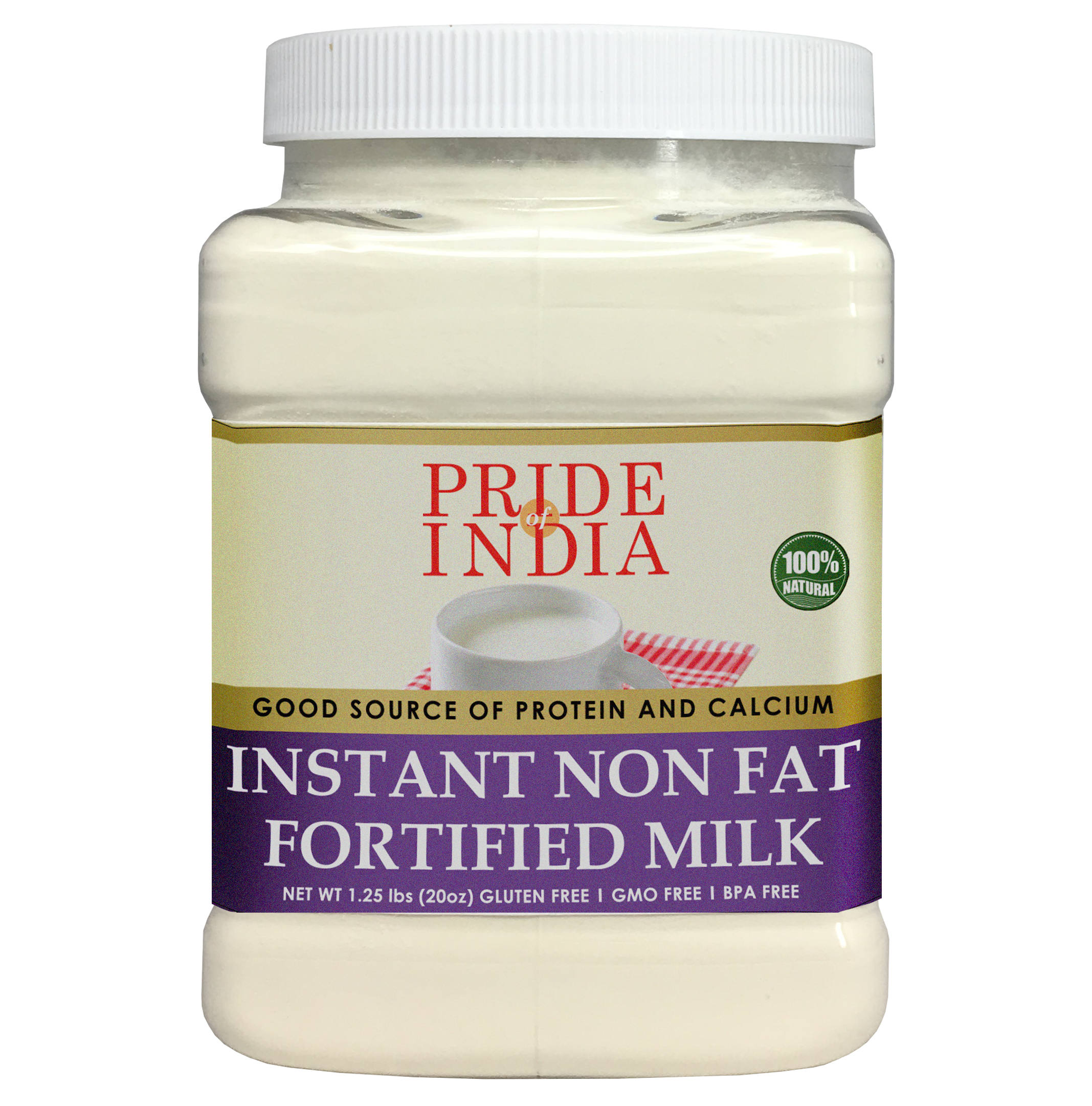 A jar of Instant Fortified Nonfat Dry Milk Powder enriched with Vitamin D, showcasing its packaging and powder texture.