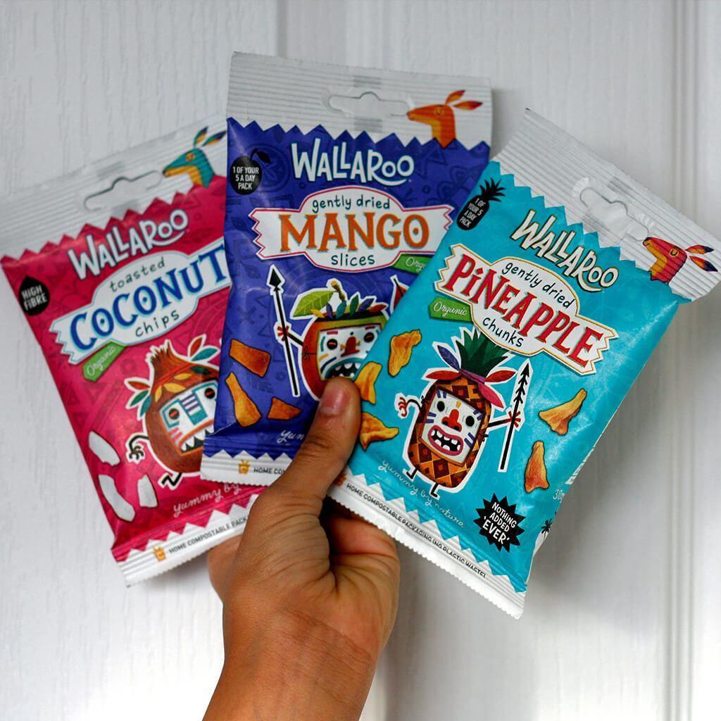 Introductory Tropical Tasting Bundle featuring organic mango, pineapple, and coconut snacks in eco-friendly packaging.