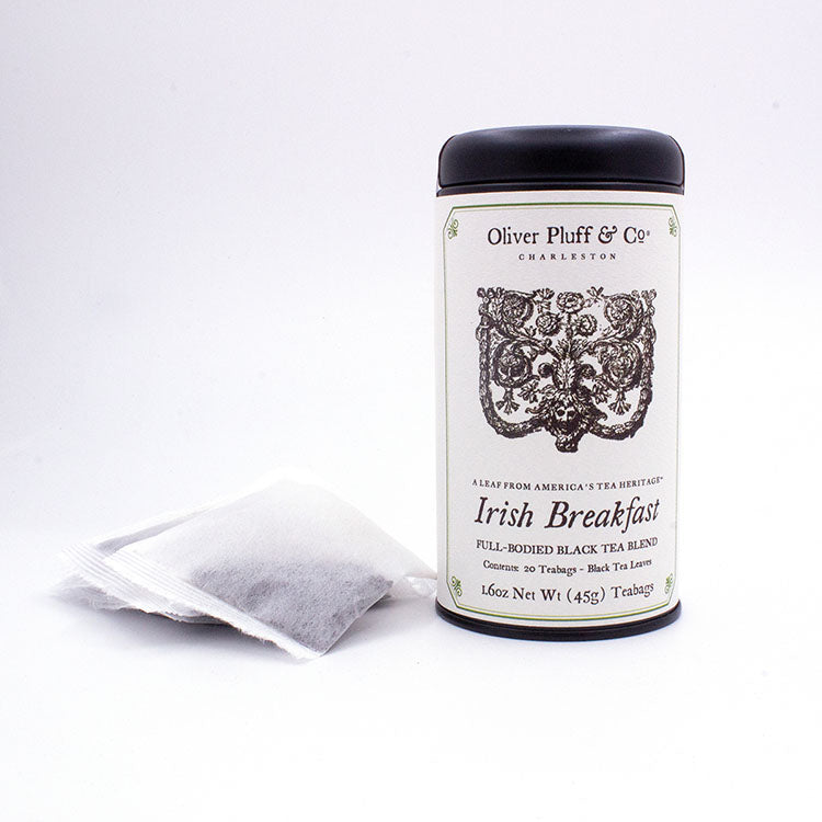 Irish Breakfast Teabags in a matte black signature tea tin, showcasing the elegant packaging and teabag design.