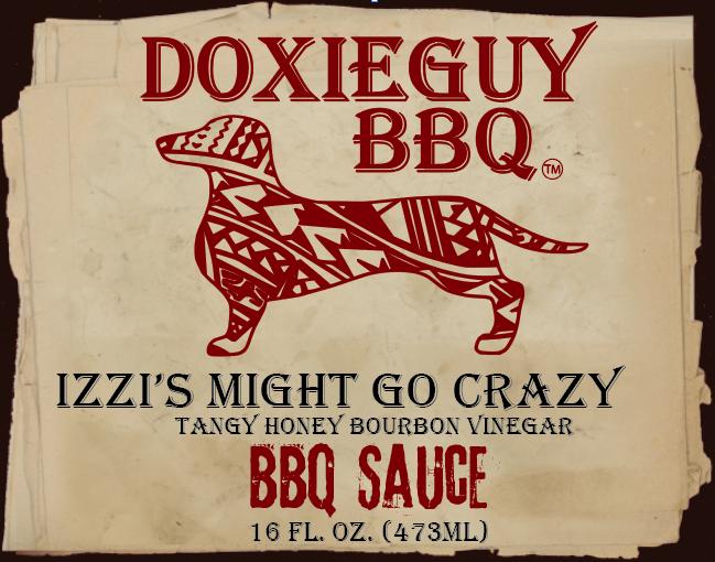 Bottle of Izzi's Might Go Crazy BBQ Sauce with a rich, dark color and a label featuring vibrant graphics, showcasing its unique flavor profile.