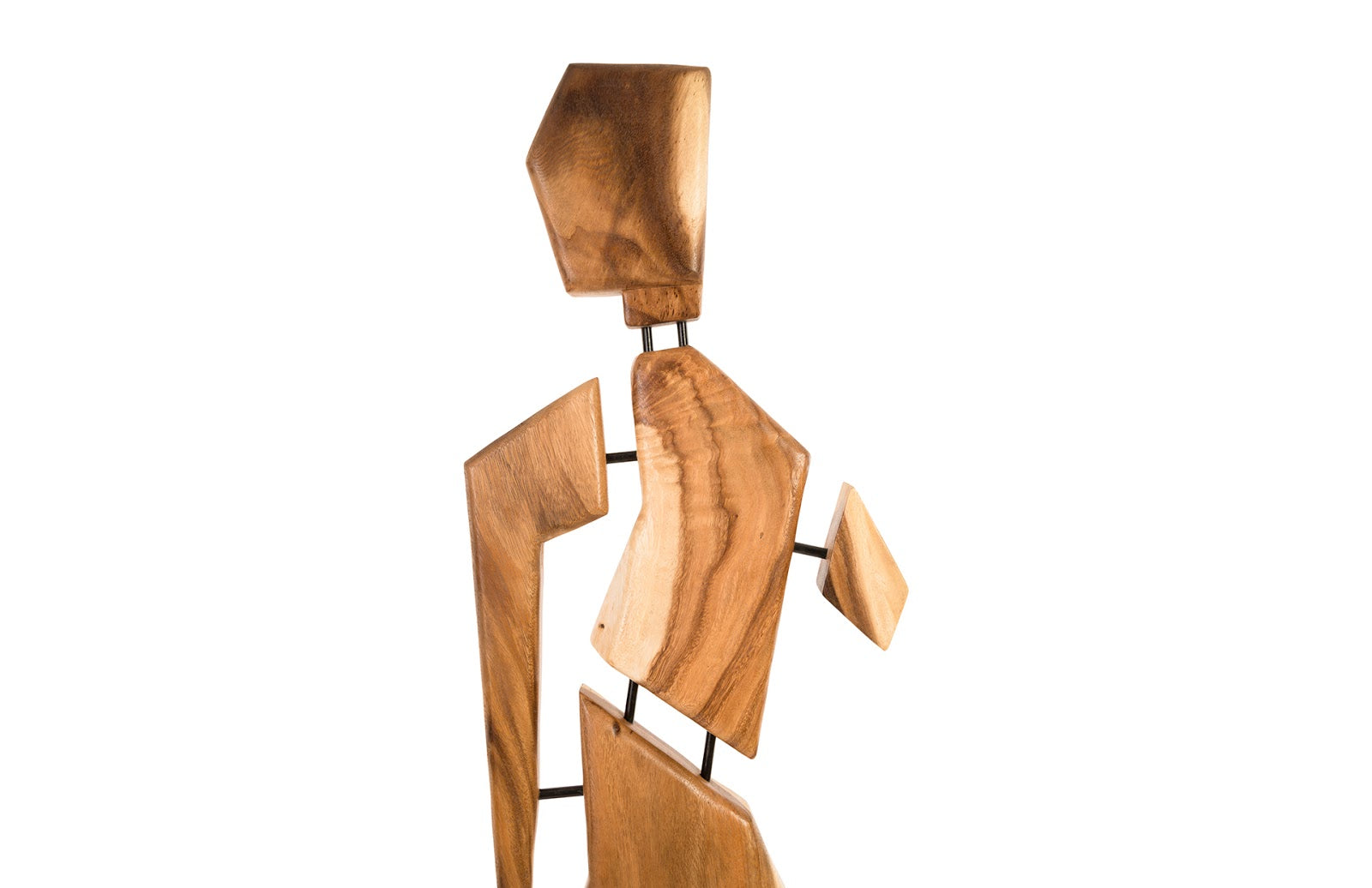 Tall Jack Wood Sculpture made from solid acacia wood with an iron base, showcasing unique grain patterns and a contemporary design.