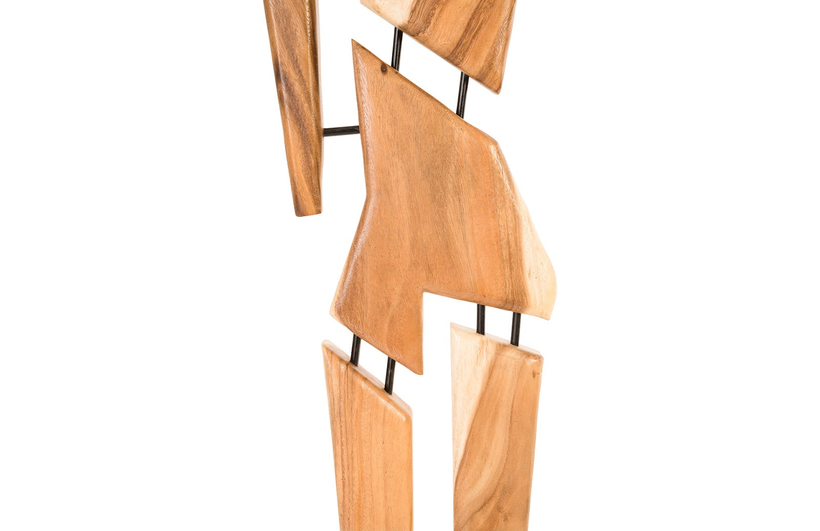 Tall Jack Wood Sculpture made from solid acacia wood with an iron base, showcasing unique grain patterns and a contemporary design.