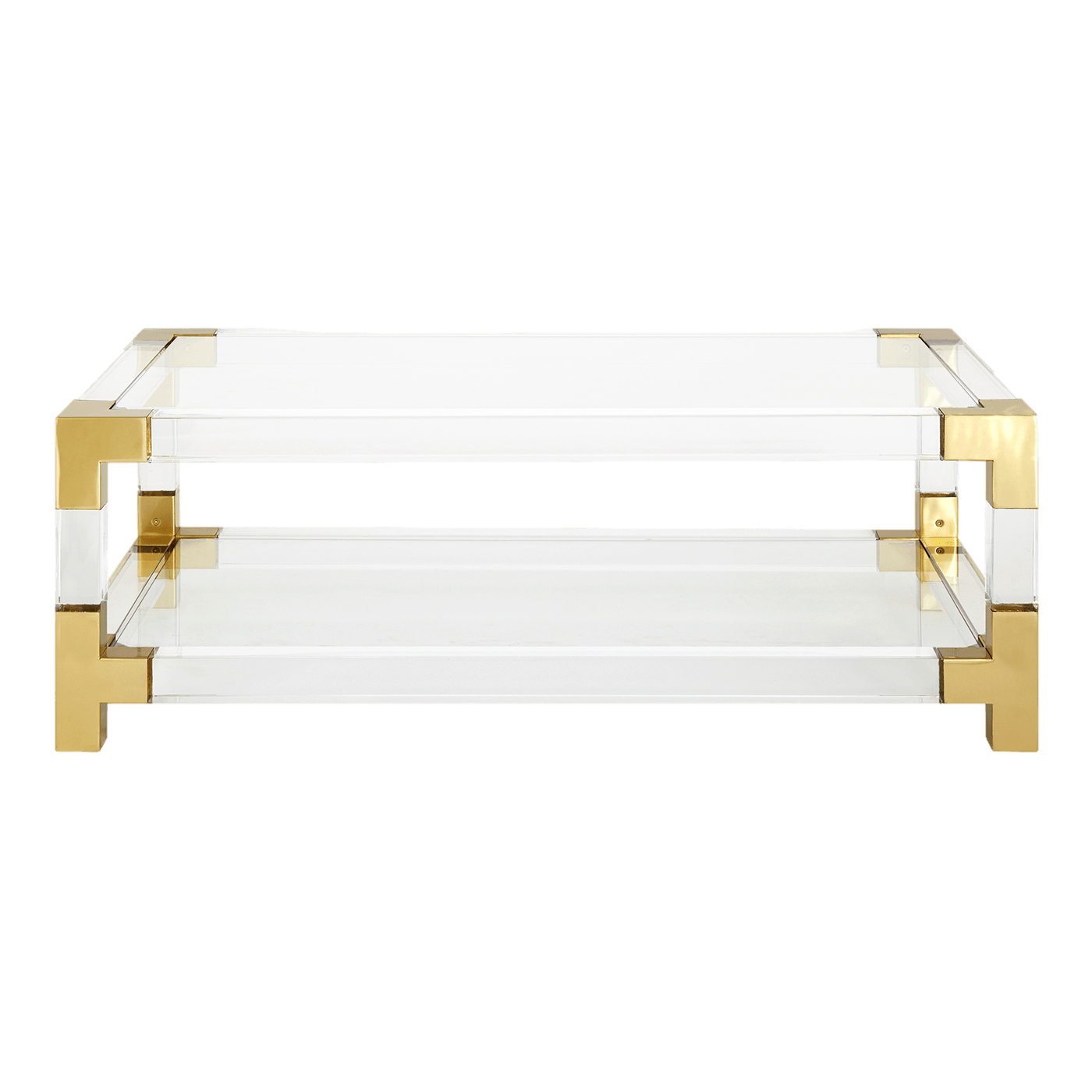 Jacques Grand Cocktail Table featuring clear acrylic and brushed brass accents, showcasing its elegant design and tempered glass shelf.