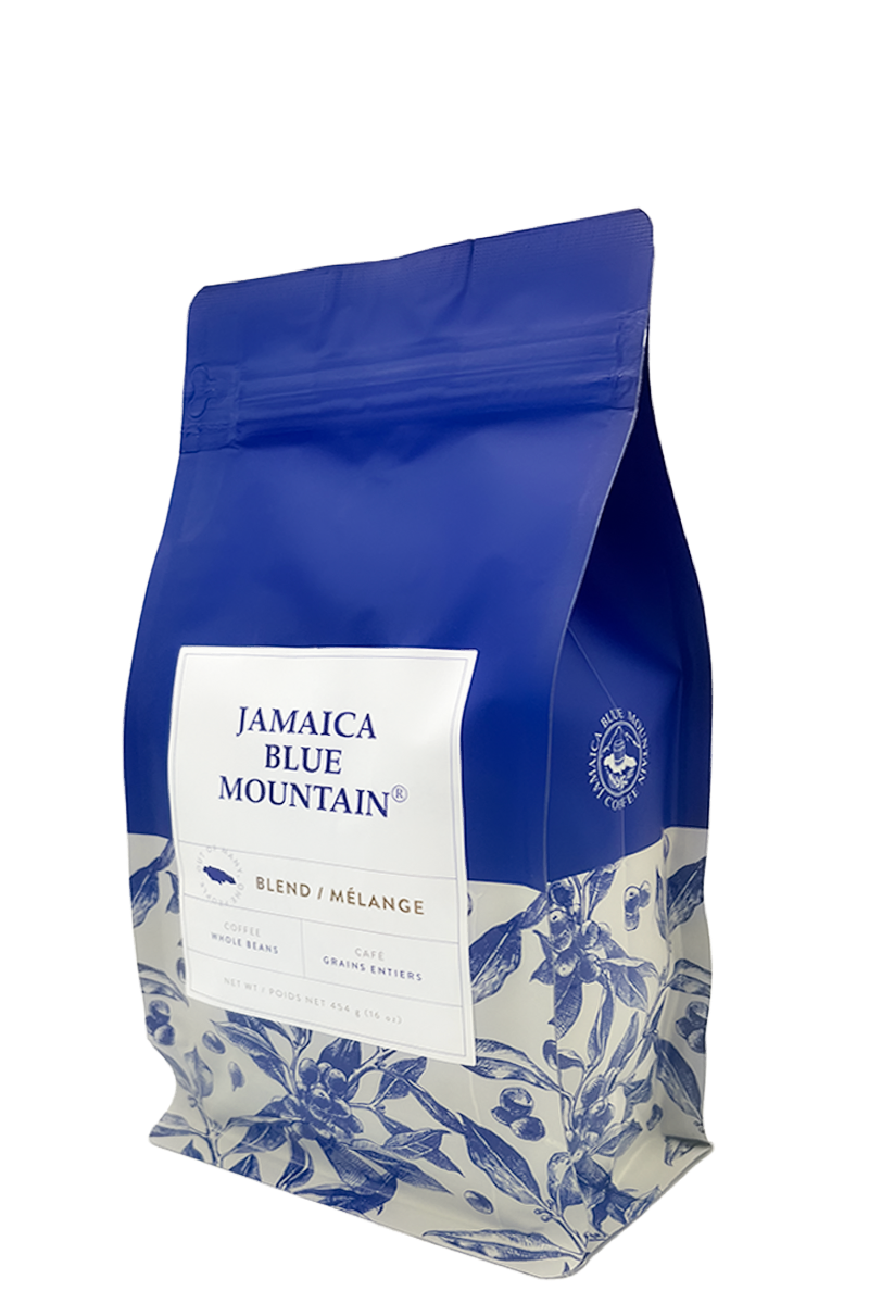 A bag of Jamaica Blue Mountain® Coffee Blend featuring roasted whole beans, showcasing its premium quality and rich aroma.